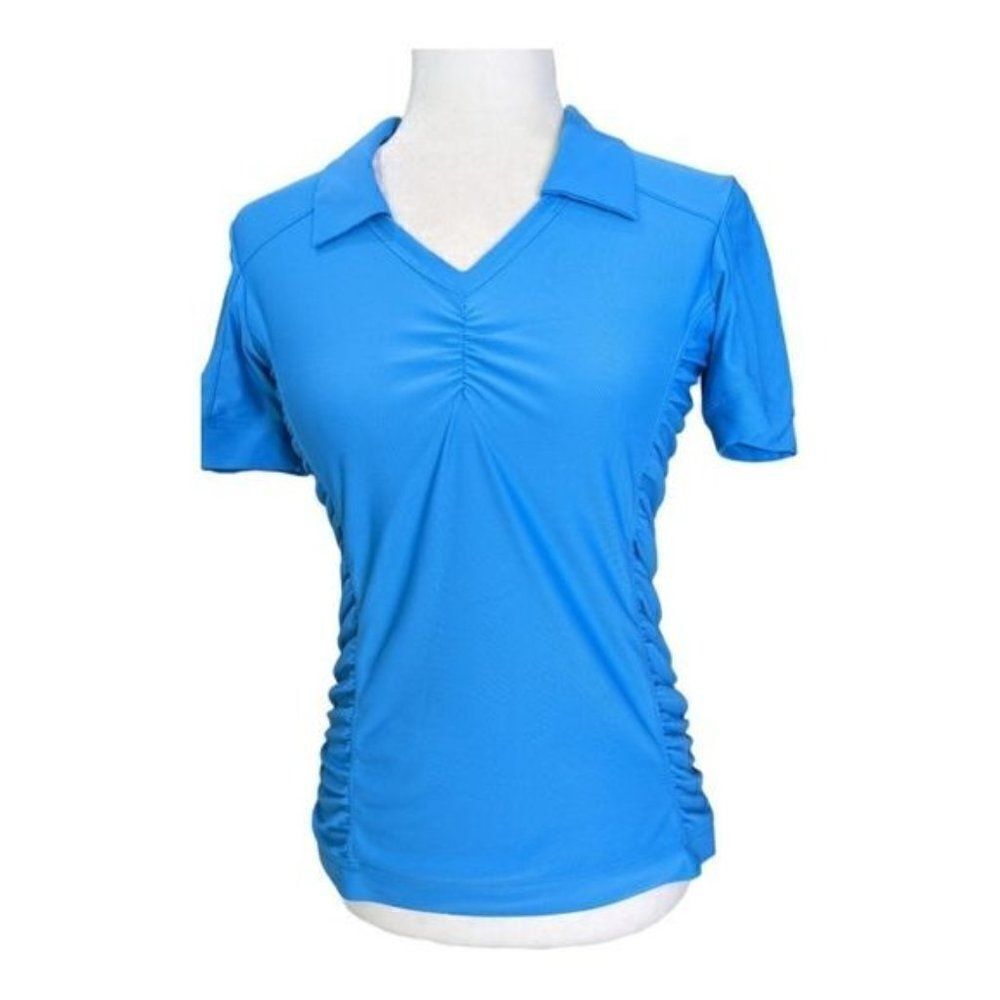 Athleta Birdie Blue V-Neck Short Sleeve Polo with Side Runching Top. Sz Xs